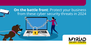 Secure your business against 2024 cyber threats with a shield and lock icon, symbolizing protection against various cybersecurity risks