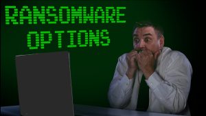 "Image of a worried person surrounded by ransomware payment options, expressing fear and uncertainty about choosing the right course of action."
