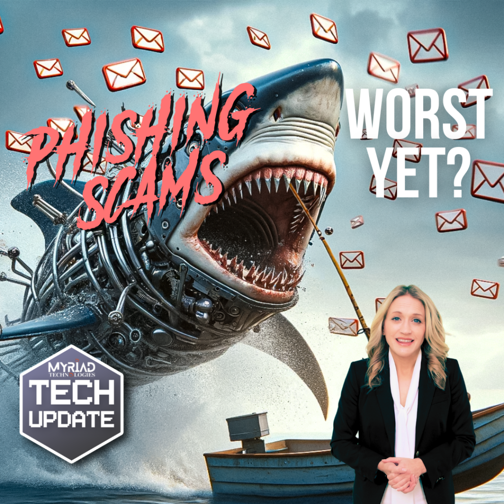 An illustration depicting a phishing scam scenario, featuring a robot shark being attacked by a hook amidst a sea of emails. In the foreground, a girl is explaining recent technological updates.