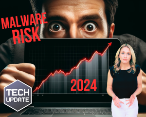 Image of a man peeping behind laptop demonstrating malware risk in the year 2024