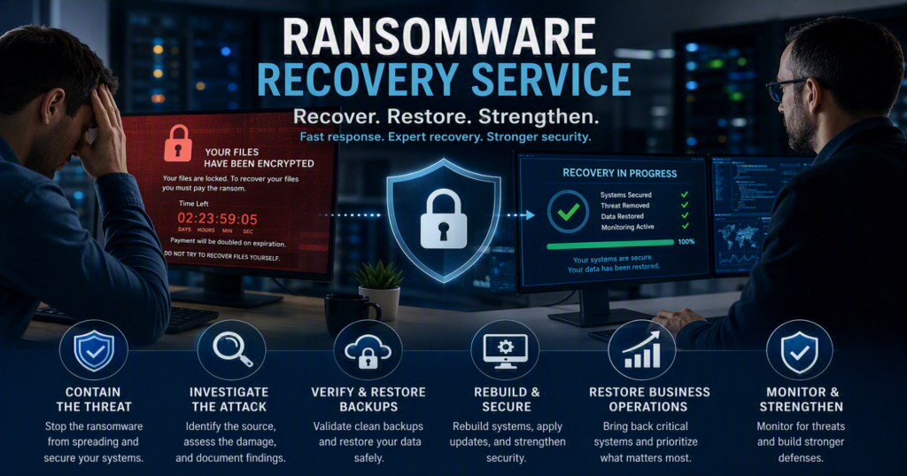 When a Ransomware Recovery Service Is Needed | Myriad Technologies - Managed IT Support and Security Services in Chilliwack Ransomware recovery service process showing cyberattack containment, backup restoration, system recovery, and cybersecurity protection for businesses.