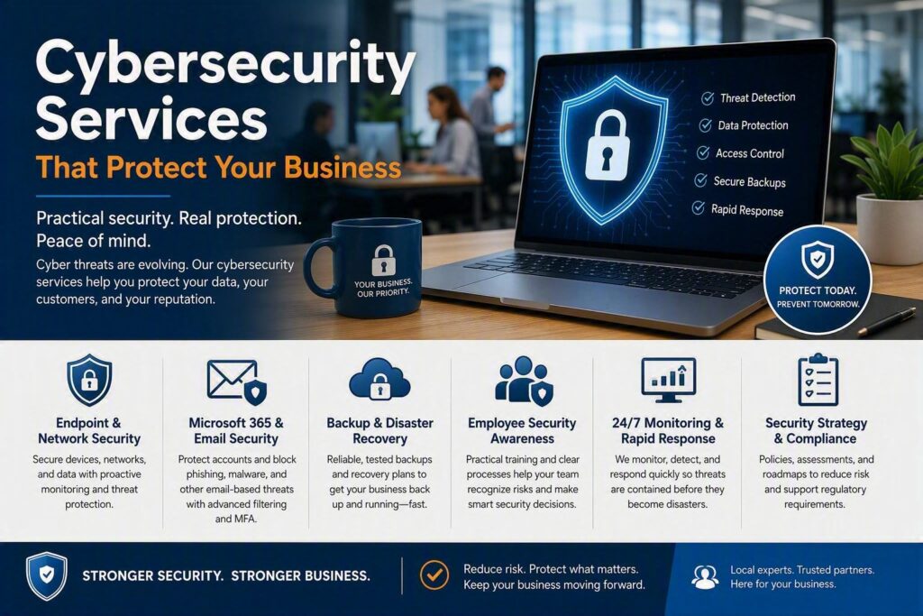 Business cybersecurity services with network security, email protection, backups, and threat monitoring.