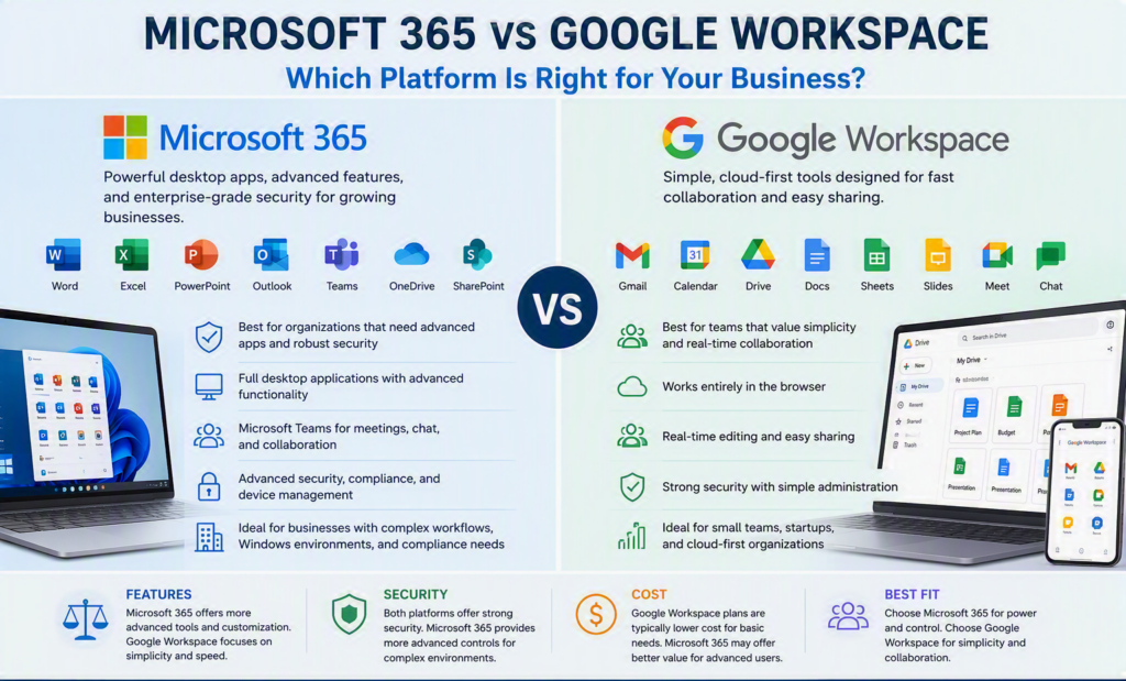 Microsoft 365 vs Google Workspace: Which Platform Is Best for Your Business? | Myriad Technologies - Managed IT Support and Security Services in Chilliwack Microsoft 365 vs Google Workspace comparison chart showing productivity, collaboration, security, cloud storage, and business communication features.