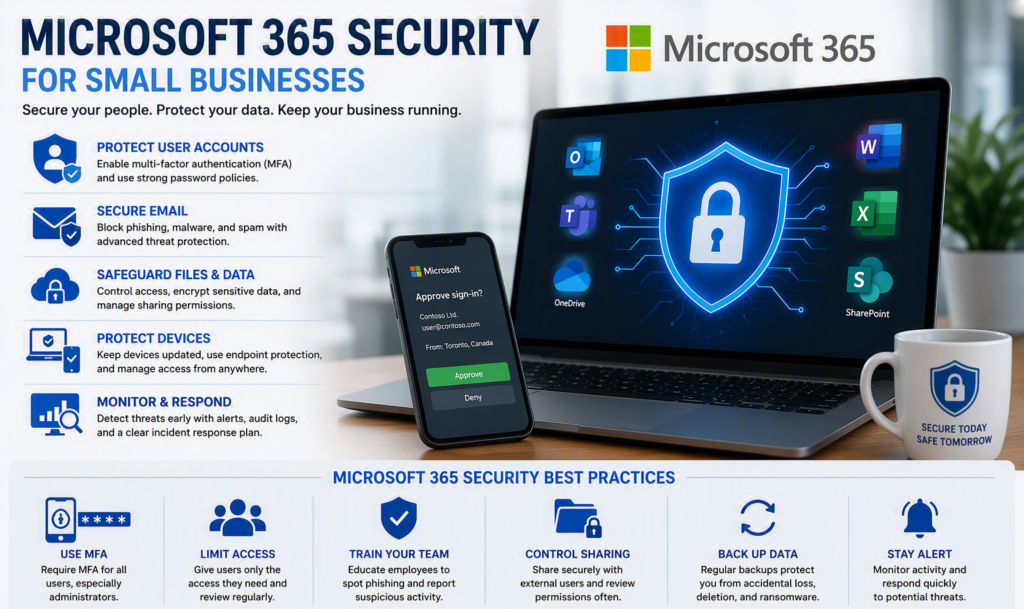 Microsoft 365 security for small businesses featuring MFA, email protection, data security, device management, threat monitoring, and cybersecurity best practices.