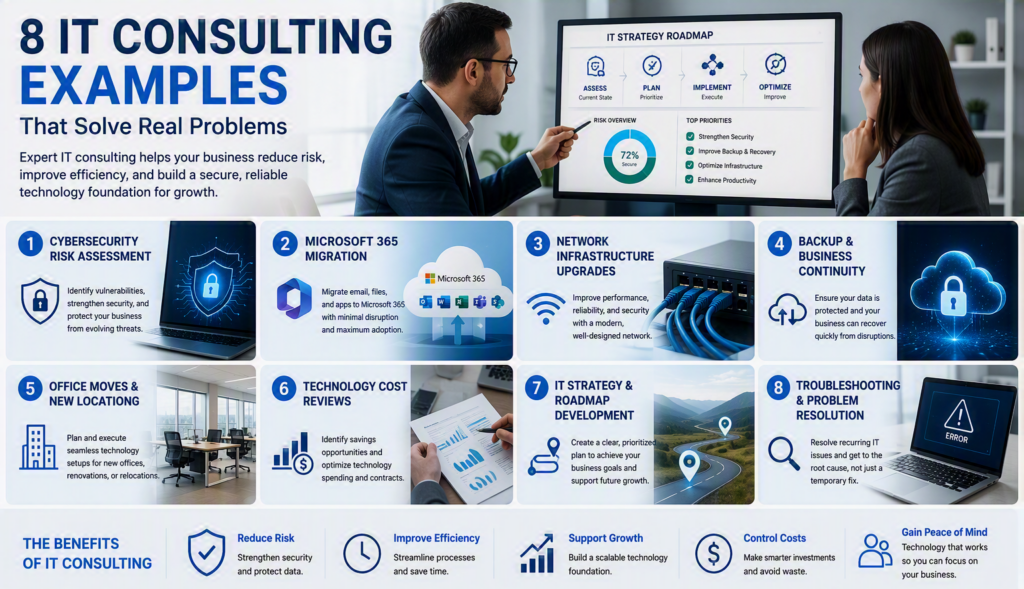 IT consulting examples infographic showcasing cybersecurity assessments, Microsoft 365 migration, network upgrades, backup planning, technology roadmaps, and business IT strategy services.