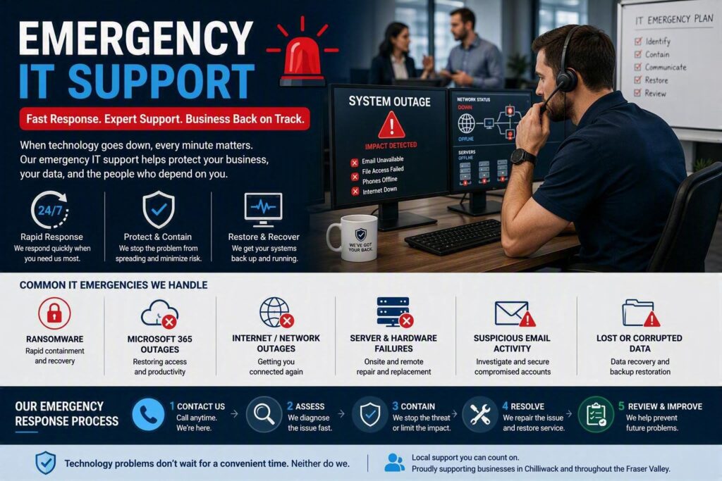 Emergency IT support for business outages, cybersecurity incidents, data recovery, and network restoration.