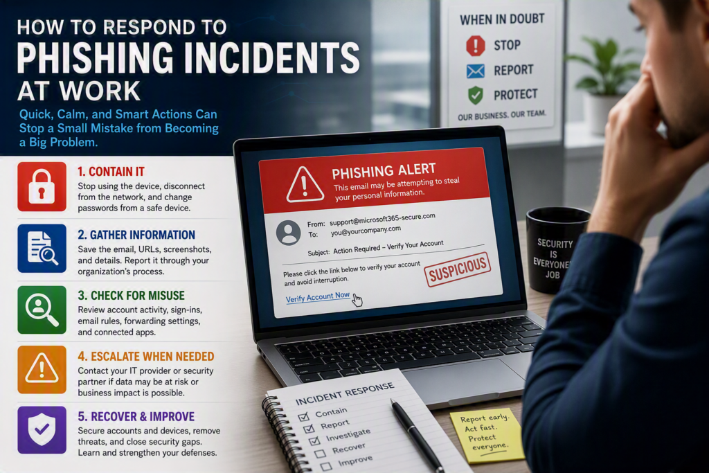 Office workstation displaying a phishing alert on a laptop screen alongside a visual guide for responding to phishing incidents. The infographic highlights five key response steps: contain the incident, gather information, check for account misuse, escalate when needed, and recover and improve. The scene includes a security awareness poster, an incident response checklist, and cybersecurity-themed workspace materials, emphasizing the importance of rapid incident response and employee reporting.