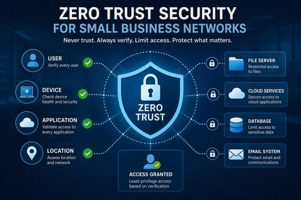 Zero Trust Security for Small Business Networks infographic showing a central security shield connected to user verification, device security, application validation, and location checks. The diagram illustrates secured access to file servers, cloud services, databases, and email systems through identity verification, least-privilege access controls, and continuous authentication. Blue cybersecurity-themed background with lock icons, network connections, and access management concepts.