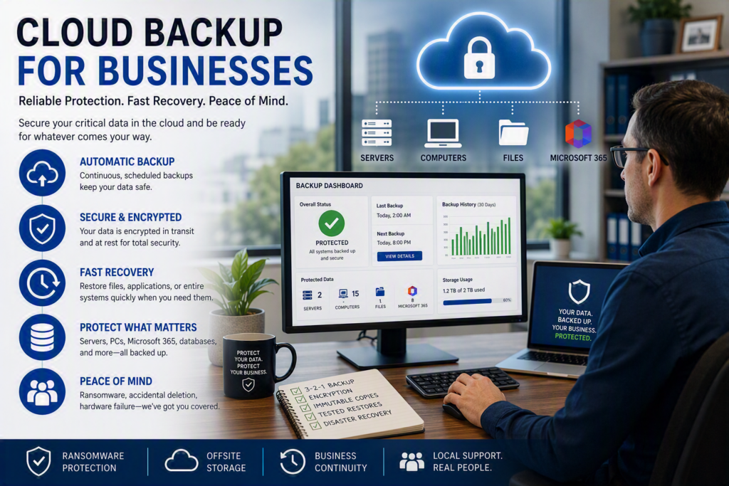 Cloud Backup for Businesses: Protecting the Data Your Organization Depends On A deleted folder, a ransomware attack, or a failed server can bring business operations to a standstill in minutes. That's why cloud backup for businesses is no longer just an IT consideration. It is a critical part of business continuity, cybersecurity, and disaster recovery planning. For professional services firms, backups may protect client files, financial records, and specialized software. For nonprofits, they safeguard donor databases, grant documentation, and years of organizational history. Healthcare providers often depend on backup solutions to help preserve patient information and maintain uninterrupted care. The best backup strategy is not simply about storing files online. It is about ensuring your organization can recover the data, systems, and applications needed to keep operations moving. Cloud Backup for Businesses Is Really a Recovery Plan Cloud backup works by storing copies of business data on secure infrastructure outside your office. If a server fails, a device is stolen, a fire damages your premises, or ransomware encrypts your files, those backups can be used to restore critical information. However, successful backups should be judged by recovery results, not by backup reports. A backup may appear successful while still: Missing critical files Excluding important applications Failing to protect newer data Taking too long to restore during an emergency Instead of starting with products and storage capacity, begin by asking business-focused questions: What would prevent us from operating tomorrow? Which applications or files cannot be recreated? How much recent work could we afford to lose? Who needs access to systems first after an outage? The answers help shape a recovery strategy that fits your business. For example, a small accounting firm may prioritize accounting databases and document management systems. A growing company that relies on Microsoft 365, remote employees, and a local server may require separate backup solutions for each environment. There is no universal backup configuration that works for every organization. Backup Is Not the Same as File Synchronization One of the biggest misconceptions businesses have is assuming that files stored in OneDrive, SharePoint, Google Drive, or similar platforms are fully protected. While cloud collaboration platforms are excellent for file access and sharing, synchronization is not a complete backup strategy. If an employee accidentally deletes a folder, synchronization can quickly distribute that deletion across connected devices. If ransomware encrypts synchronized files, those encrypted versions may also propagate throughout the environment. Recycle bins and retention policies can provide some protection, but they may not deliver the recovery flexibility businesses need after a serious incident. A dedicated backup solution creates independent recovery points specifically designed for restoration. For organizations heavily invested in Microsoft 365, protecting the following data should be a priority: Exchange Online email OneDrive files SharePoint data Teams-related files and content What Should a Business Backup Protect? A reliable backup strategy starts with a complete inventory of business-critical systems and data. Many organizations discover backup gaps only after an incident occurs, when they realize a database, application, or mailbox was never included. Your backup plan should consider: Server files and shared folders Accounting software Practice management systems Business databases Microsoft 365 data Email archives Staff computers containing critical local work Network configurations Cloud-based business applications Depending on your industry, you may also need to protect: Phone system configurations Security camera recordings Architectural or design files Third-party SaaS platforms Customer relationship management (CRM) systems Not every system requires immediate recovery. Current project files, active databases, and communication systems often deserve priority over long-term archives. Categorizing information by importance helps balance costs with recovery requirements. It is also important to understand where data actually resides. Employees often save information across multiple locations, including local devices, servers, and cloud platforms. Conversations with department leaders frequently uncover important data sources that are missing from technical documentation. Establish Recovery Goals Before Choosing a Backup Service Two measurements make backup planning significantly easier: Recovery Point Objective (RPO) The Recovery Point Objective (RPO) defines how much recent work could be lost between backups. For example: A backup running once per day may result in up to one day's worth of lost work. Hourly backups significantly reduce potential data loss. If losing several hours of work would create major disruption, your backup schedule should reflect that requirement. Recovery Time Objective (RTO) The Recovery Time Objective (RTO) measures how quickly systems must be restored. Restoring a single file may take minutes. Restoring: Entire servers Databases Microsoft 365 environments Business-critical applications may take significantly longer, especially when large amounts of data must be recovered. Every organization has different recovery expectations. A business that can operate manually for a day has very different requirements than a medical clinic or legal office that depends on immediate access to records. Follow the 3-2-1 Backup Rule and Modern Best Practices A proven starting point is the 3-2-1 backup strategy: Maintain at least three copies of important data Store data on two different types of media Keep one copy offsite Cloud backup solutions typically provide the offsite component needed for disaster recovery. Today, many cybersecurity professionals recommend adding two additional protections: Maintain at least one immutable backup copy Regularly test recovery processes This is particularly important as ransomware attacks increasingly target backup systems. Modern safeguards may include: Immutable storage Protected retention policies Separate administrative accounts Multi-factor authentication Access monitoring These protections help prevent attackers from modifying or deleting backup data when it is needed most. Security and Privacy Remain Essential Moving backups to the cloud does not eliminate security responsibilities. It simply changes where information is stored and how it is managed. Businesses should look for backup providers that offer: Encryption during data transmission Encryption while data is stored Role-based access controls Audit logging Secure account management Strong multi-factor authentication should also be implemented for backup administration accounts to reduce the risk of unauthorized access. Retention policies require equal attention. Some records must be retained for years because of legal, regulatory, financial, or contractual obligations. Other information should not be stored indefinitely. An effective retention policy balances data recovery requirements with privacy and compliance responsibilities. Organizations handling confidential client, patient, donor, or employee information should involve compliance and privacy stakeholders when designing retention strategies. Test Restores Before Disaster Strikes The most valuable proof that a backup strategy works is a successful restoration test. A backup report showing a completed job is helpful. Successfully restoring data is far more important. Regular testing should include: File restoration tests Mailbox recovery tests Database recovery tests Application recovery verification User access validation These exercises often reveal issues such as: Missing folders Incomplete backups Incorrect permissions Unsupported databases Recovery times that exceed business expectations Finding these issues during a scheduled test is significantly less disruptive than discovering them during an emergency. Organizations should also maintain a clear recovery guide that includes: Emergency contacts Backup locations Recovery priorities Access procedures Escalation processes This documentation becomes particularly important when key personnel are unavailable. Signs Your Backup Strategy Needs Review Many organizations would benefit from a backup assessment if: You are not sure what is currently being backed up Backup alerts are not being reviewed You have never tested a restore You rely solely on portable drives You assume file synchronization equals backup protection Additional review is recommended after: A Microsoft 365 migration A major software deployment A server replacement An office relocation A merger or acquisition Significant staffing changes Another warning sign is a lack of ownership. If nobody actively reviews backup reports or responds to failed backup alerts, critical problems can go unnoticed for weeks. Cloud backup is not a set-and-forget investment. It requires monitoring, testing, and ongoing management. Cloud Backup for Businesses: A Smart Investment in Business Continuity The most effective cloud backup for businesses strategy is one that is documented, monitored, tested, and aligned with daily operations. It does not need to be overly complicated, but it does need to be intentional. When businesses focus on the people they serve and the work they cannot afford to lose, backup planning becomes much simpler. The result is a practical recovery strategy that protects critical systems, supports business continuity, and provides confidence when unexpected events occur. SEO Title Cloud Backup for Businesses: Protect Your Data, Reduce Downtime, and Recover Faster Meta Description Discover how cloud backup for businesses helps protect critical data, prevent downtime, defend against ransomware, and support fast disaster recovery when unexpected events occur. Focus Keyword Cloud Backup for Businesses URL Slug /cloud-backup-for-businesses-data-protection Related Keywords business cloud backup cloud backup solutions business data backup disaster recovery planning Microsoft 365 backup ransomware recovery secure cloud storage for business data protection services business continuity planning cloud disaster recovery