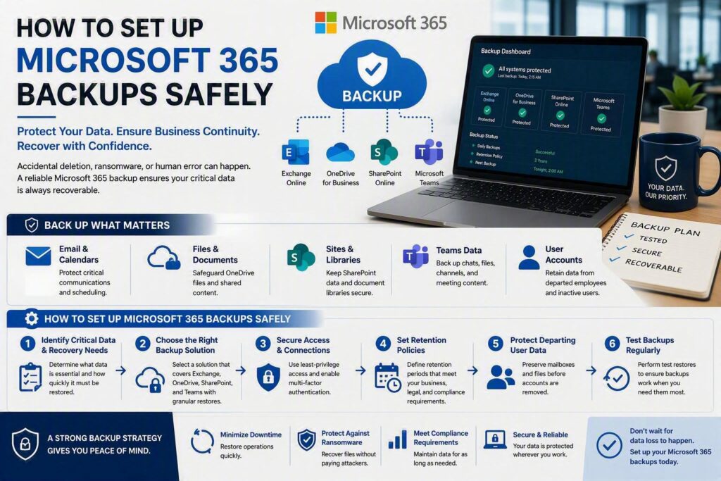 Microsoft 365 backup and recovery system protecting email, OneDrive, SharePoint, and Teams data.