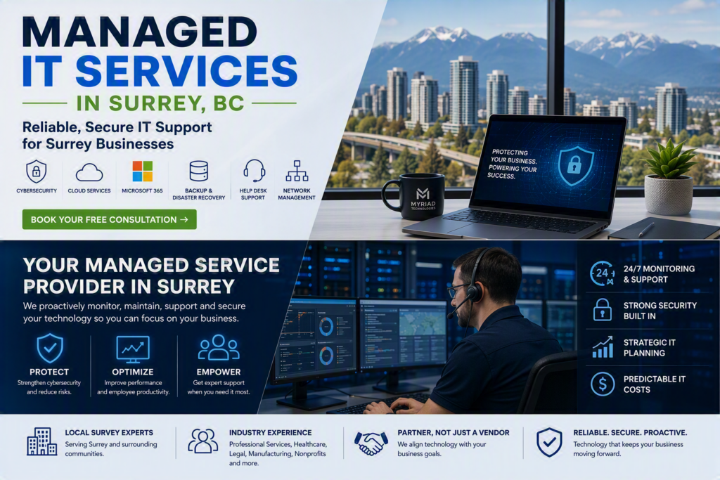 Managed IT Services in Surrey, BC with cybersecurity, Microsoft 365, cloud services, and proactive business IT support.