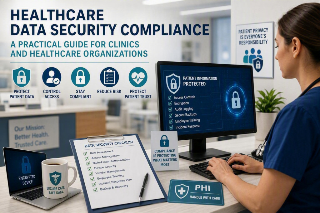 Healthcare cybersecurity and patient data protection with compliance, encryption, and secure access controls.