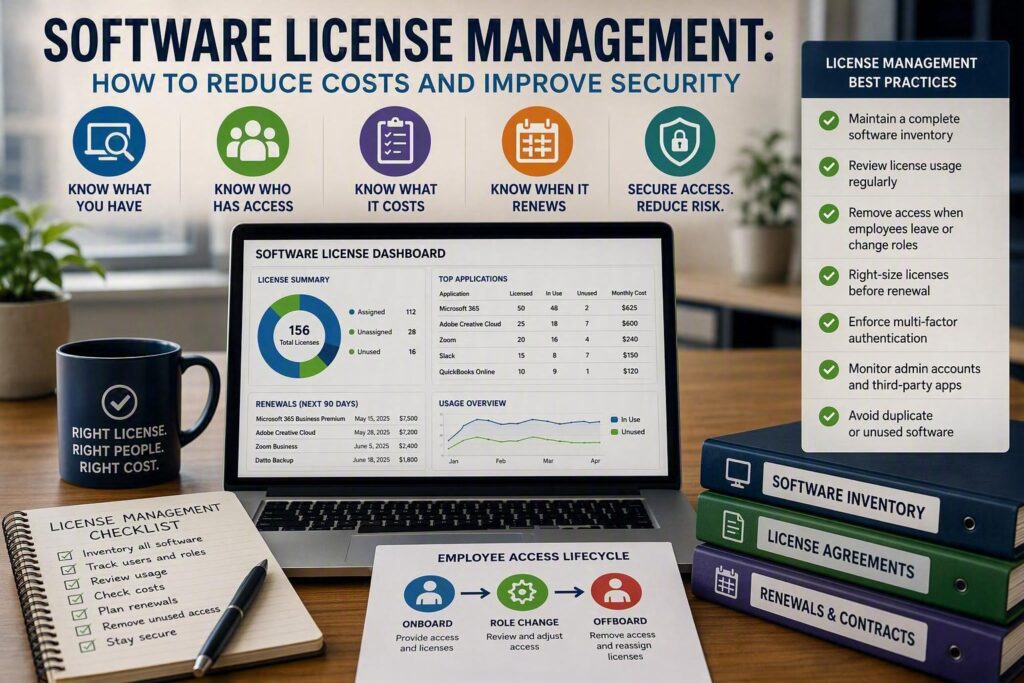 Software license management illustration showing a dashboard tracking software subscriptions, user access, license usage, renewal dates, security controls, and employee onboarding and offboarding processes to reduce costs and improve cybersecurity.