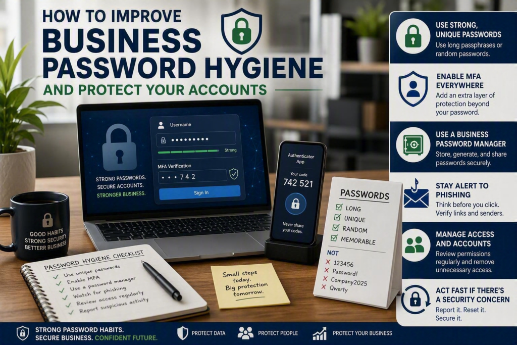 Business password hygiene and cybersecurity concept showing secure login, MFA authentication, password manager, phishing protection, and account security best practices for small businesses.