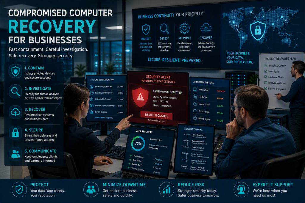 Professional cybersecurity incident response team recovering a compromised business computer, with security monitoring dashboards, ransomware alerts, data recovery screens, and an incident response plan displayed in a modern office environment.