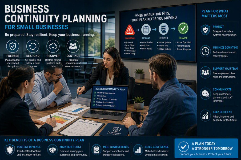 Business continuity planning meeting for a small business, featuring a team reviewing continuity and disaster recovery strategies, risk assessments, recovery objectives, emergency response workflows, and operational resilience plans displayed on digital screens and documents in a modern