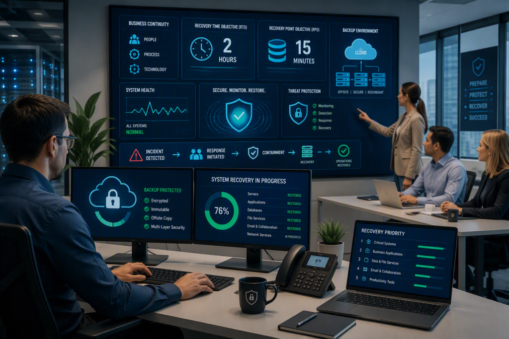 Business professionals reviewing an IT disaster recovery dashboard displaying backup protection, cloud recovery, cybersecurity monitoring, recovery priorities, and system restoration progress in a modern office environment. Multiple screens show business continuity metrics, recovery time objectives (RTO), recovery point objectives (RPO), and critical systems being restored after a technology disruption.