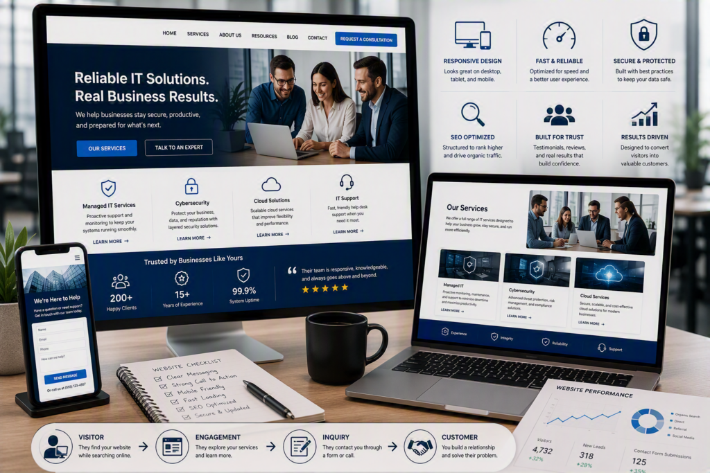Modern business website displayed on desktop and mobile devices, highlighting responsive website design, clear navigation, customer engagement, security, and lead generation for a professional organization.