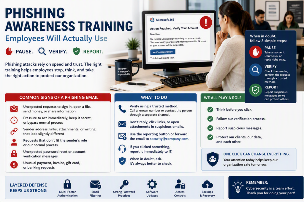 Workplace cybersecurity awareness training graphic showing an employee reviewing a suspicious email on a computer screen while educational panels explain common phishing warning signs, reporting procedures, and security best practices.