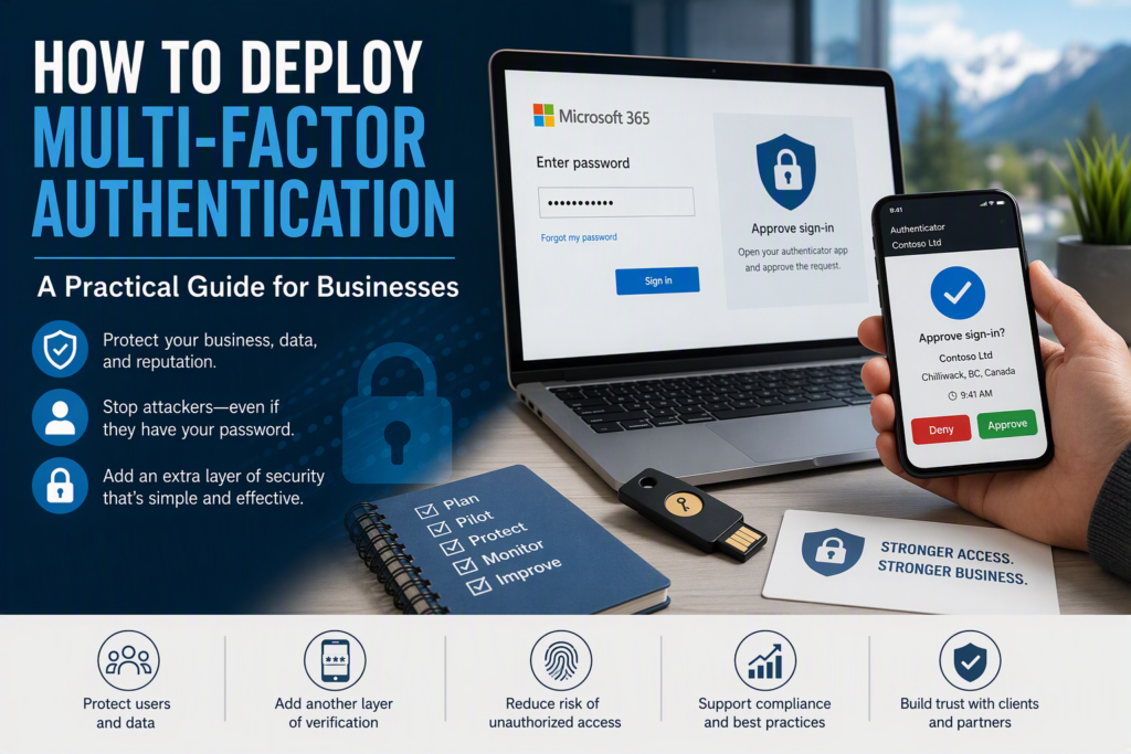 Multi-factor authentication (MFA) deployment for businesses, showing Microsoft 365 login protection, authenticator app approval, and cybersecurity security controls.