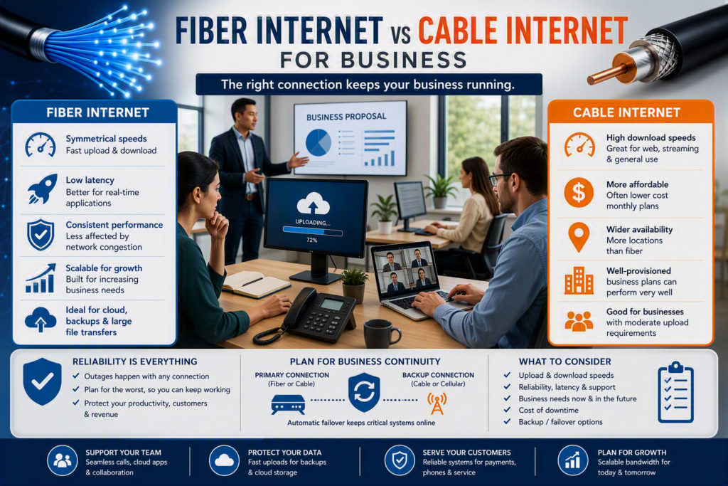 Fiber internet vs cable internet for business comparison showing speed, reliability, cloud performance, and business continuity considerations.