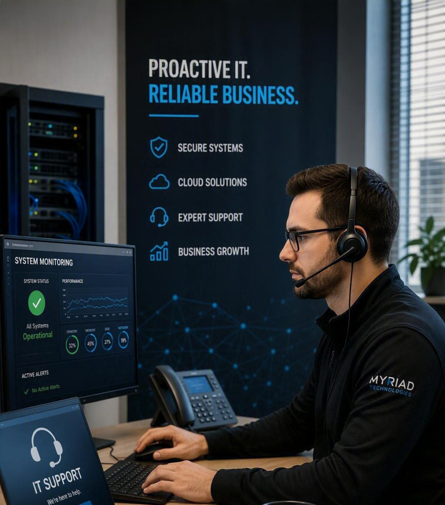 IT support professional working at a modern workstation with multiple monitors displaying system monitoring dashboards, cloud services, and network performance data. A business technology support environment featuring proactive monitoring, cybersecurity, remote support tools, and managed IT services in an office setting.