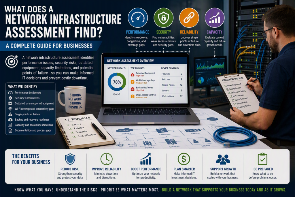 Network infrastructure assessment for businesses showing network performance, cybersecurity, reliability, capacity planning, Wi‑Fi analysis, servers, and IT infrastructure management.