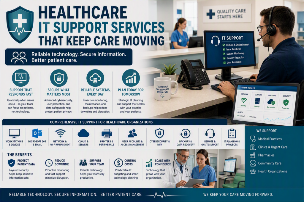 Healthcare IT support services with cybersecurity, network management, cloud systems, backups, Microsoft 365, and technical support for clinics and healthcare organizations.