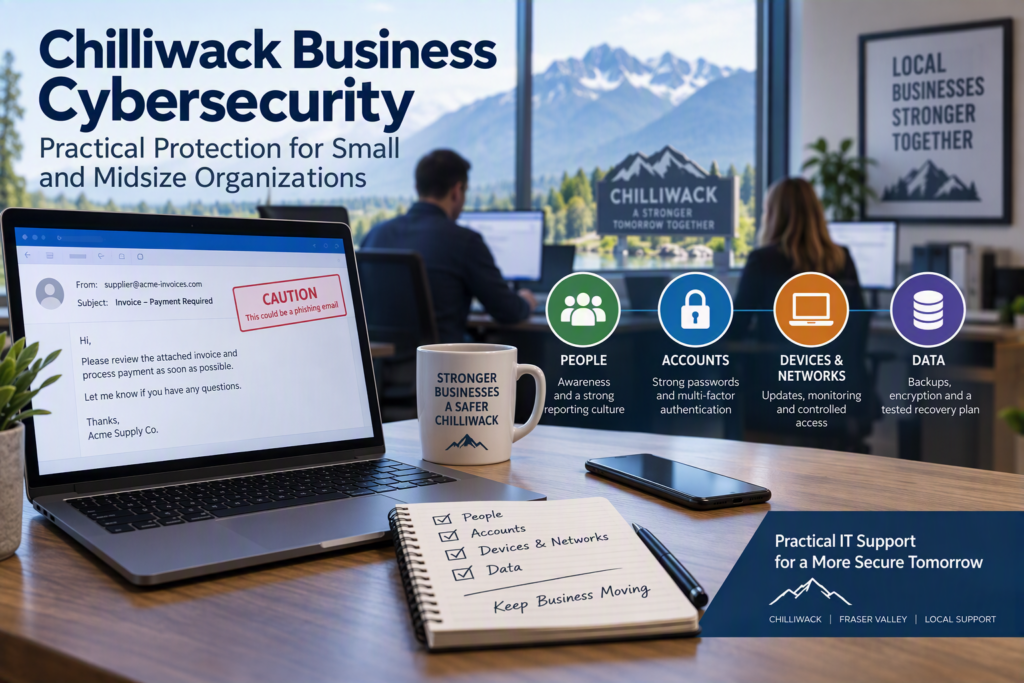 Office cybersecurity scene showing a phishing email on a laptop, with visual highlights of people, account, device, and data protection for small business security.