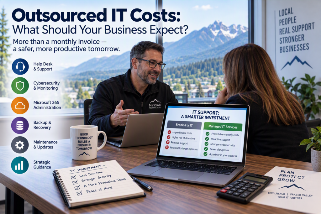 Business owner and IT consultant reviewing technology and budget plans in a modern office with mountain views, illustrating outsourced IT services, cybersecurity, cloud management, and strategic technology planning for small businesses.