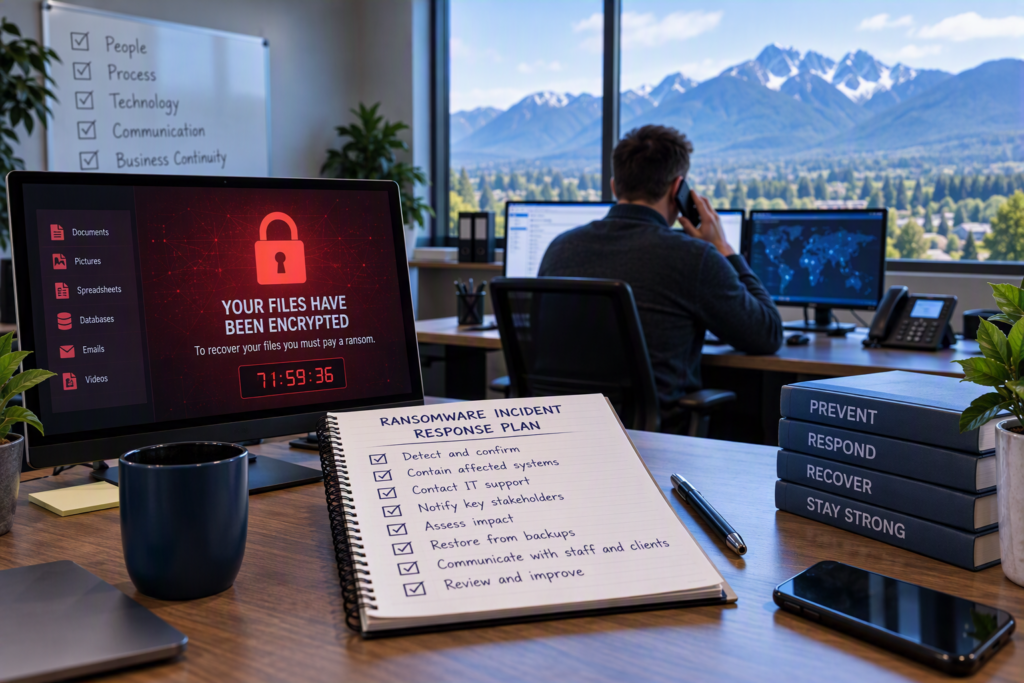 Computer displaying a ransomware attack warning beside a documented incident response plan in a business office, illustrating ransomware preparedness, cybersecurity response procedures, backup recovery, and business continuity planning for Fraser Valley organizations.