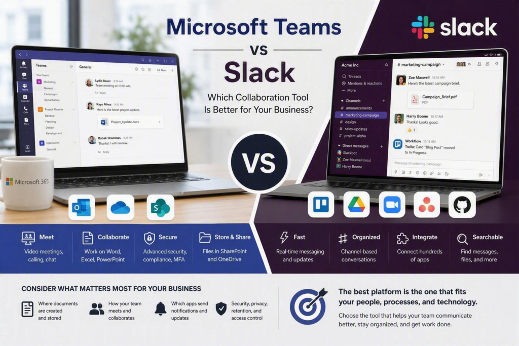 Comparison graphic showing Microsoft Teams and Slack side by side on laptop screens. The Teams side highlights Microsoft 365 integration, document collaboration, meetings, security, and SharePoint file sharing.