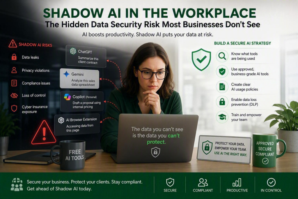 Business cybersecurity illustration highlighting the risks of Shadow AI in the workplace. A professional working on a laptop is surrounded by examples of unapproved AI tools, including chatbots, personal AI accounts, and browser extensions that can expose sensitive company data.