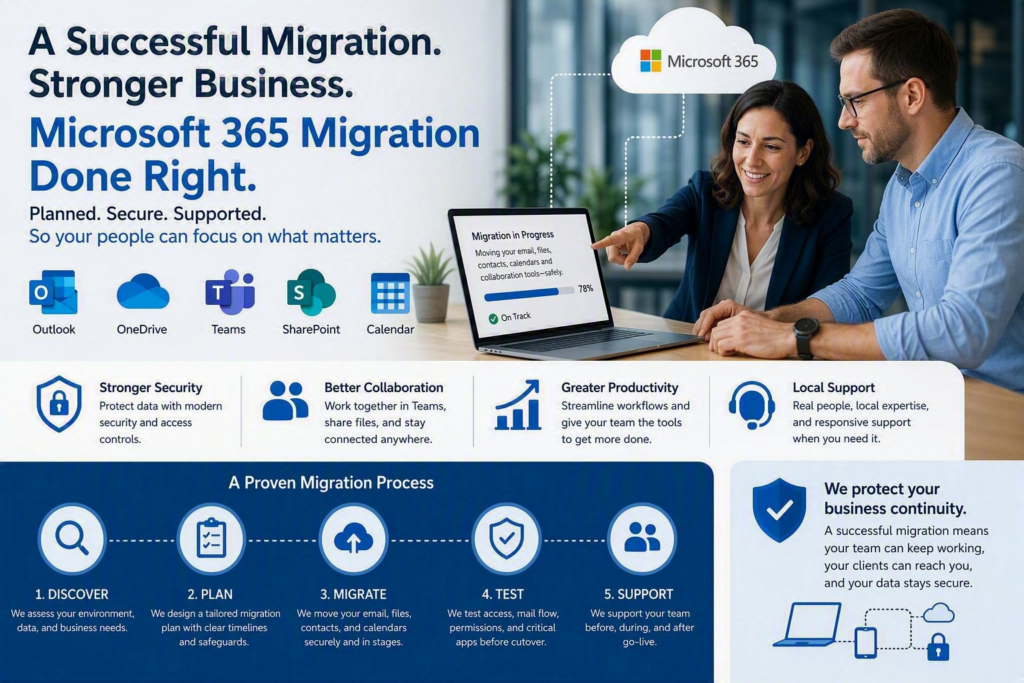Professional Microsoft 365 migration illustration showing two office workers reviewing a laptop displaying a migration progress dashboard. Microsoft 365 cloud services connect Outlook, OneDrive, Teams, SharePoint, and Calendar. The graphic highlights security, collaboration, productivity, and support benefits, along with a five-step migration process: discover, plan, migrate, test, and support. Blue corporate design emphasizes secure data transfer, business continuity, and cloud adoption