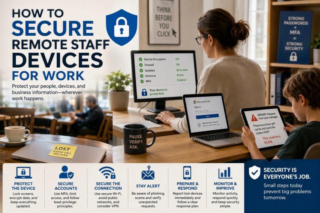 Remote work cybersecurity illustration showing secure laptops, MFA-protected accounts, phishing awareness, and device security best practices for remote employee