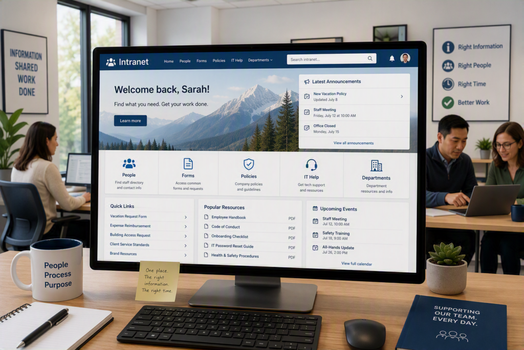 Modern office workspace featuring a large computer monitor displaying a well-organized employee intranet homepage with quick links, forms, policies, staff directory, announcements, and IT support resources.