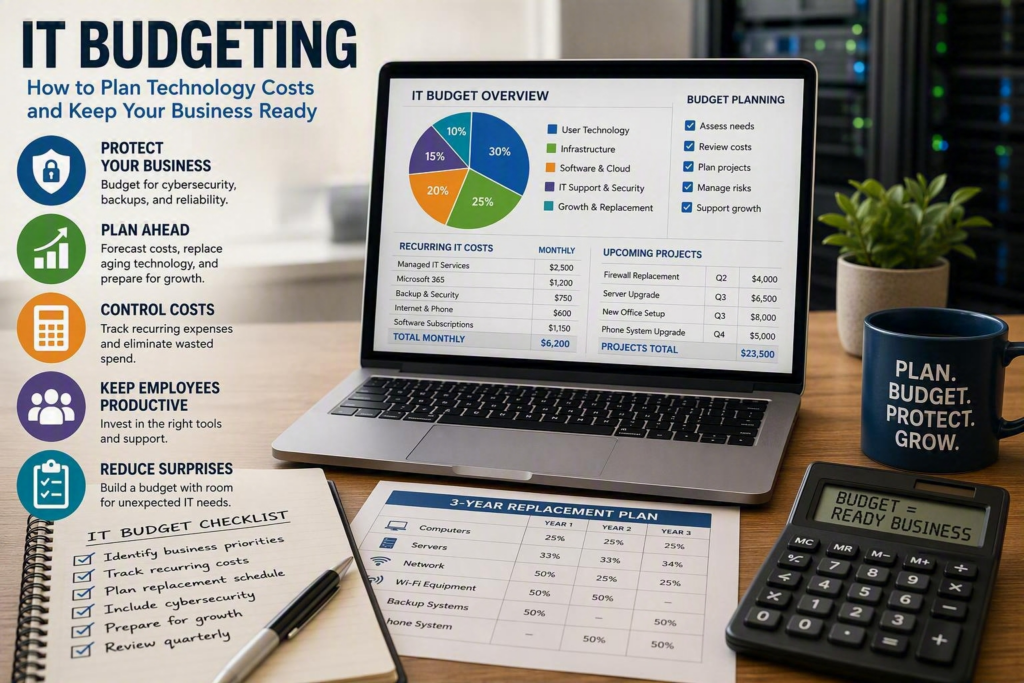IT budgeting illustration featuring a laptop displaying a technology budget dashboard, cost planning charts, cybersecurity investments, equipment replacement schedules, and business growth planning tools.