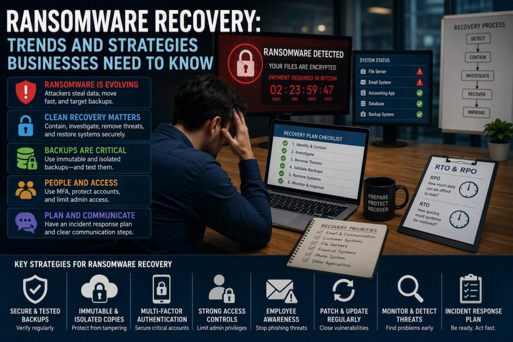 Cybersecurity illustration showing a ransomware attack response, including encrypted systems, secure backups, MFA protection, incident response planning, recovery priorities, and business continuity strategies for ransomware recovery.