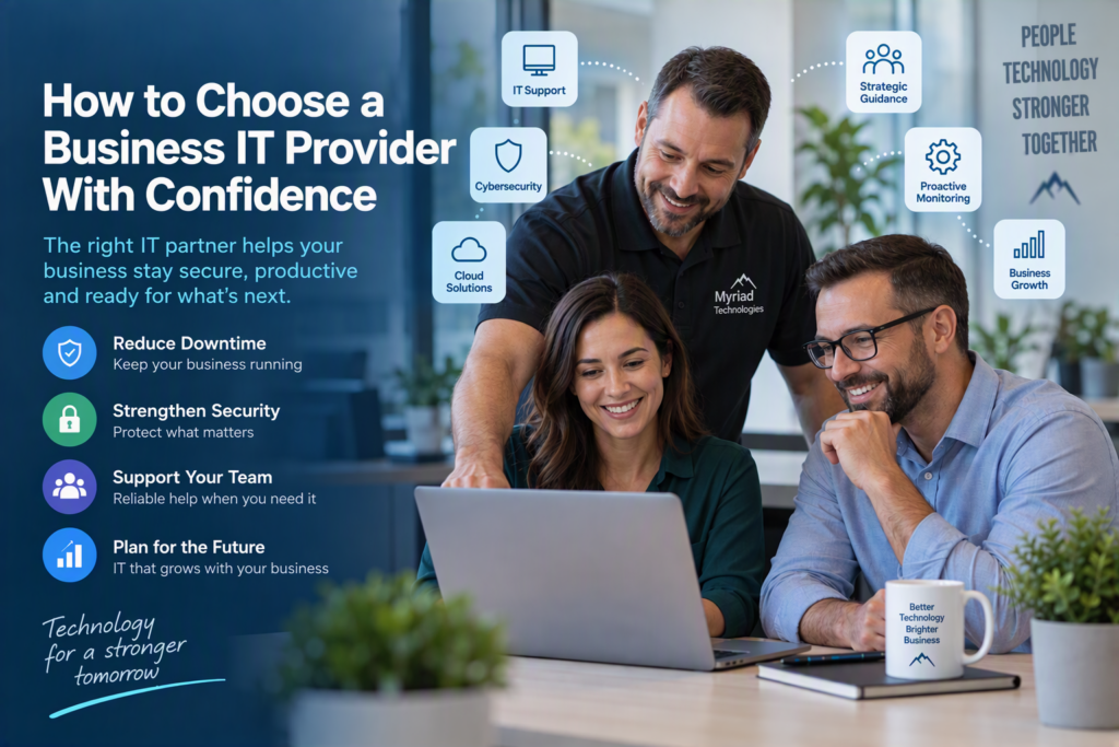 Business professionals reviewing technology solutions on a laptop while surrounded by icons representing IT support, cybersecurity, cloud services, proactive monitoring, strategic guidance, and business growth. The image highlights the importance of choosing a trusted IT provider to reduce downtime, strengthen security, support employees, and plan for future business growth. The headline reads “How to Choose a Business IT Provider With Confidence.