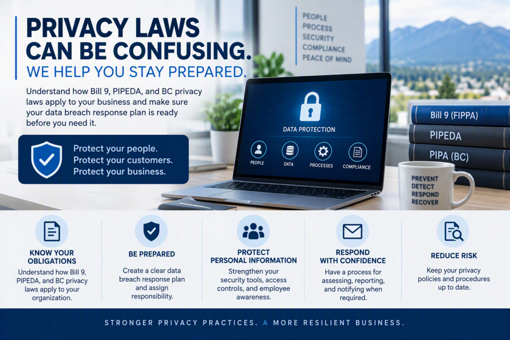 Privacy compliance and data breach response planning for BC businesses, featuring cybersecurity protection, data security, and regulatory compliance.