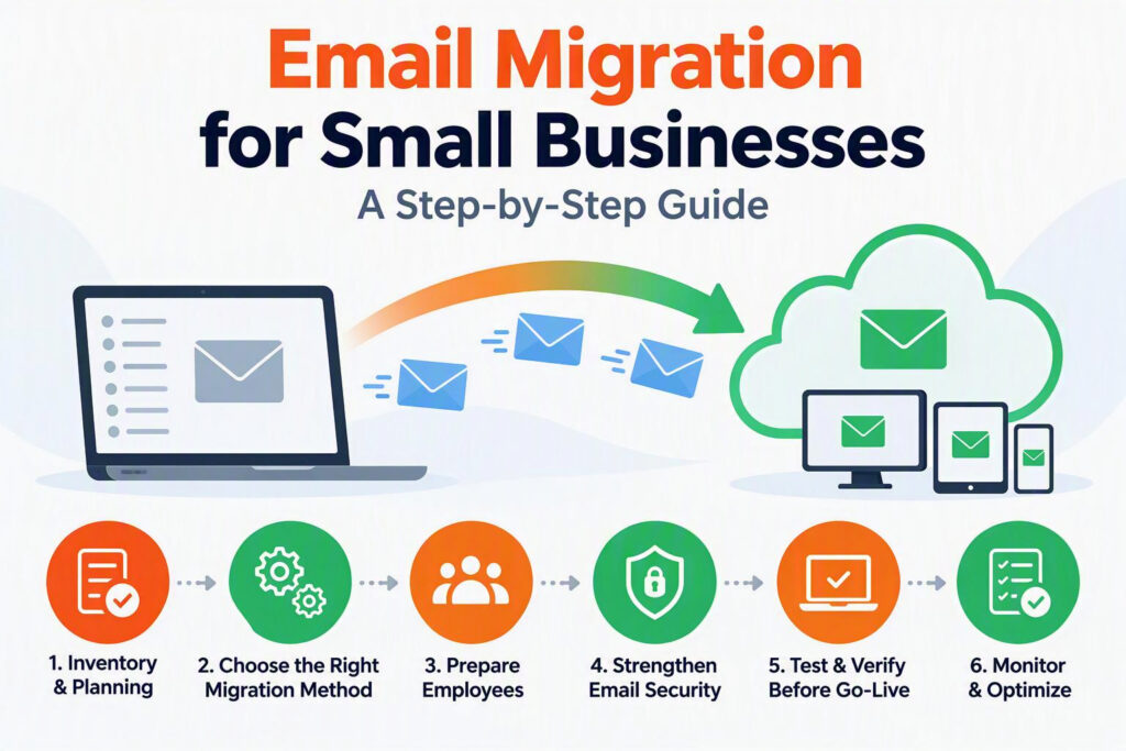 Email migration process diagram showing emails moving from a local server to a cloud email platform with key migration steps for small businesses.