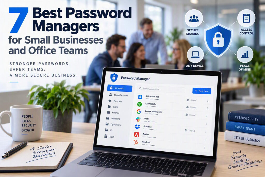 Best password managers for small businesses and office teams featuring secure password management software, access controls, password sharing, and cybersecurity protection in a modern office environment.