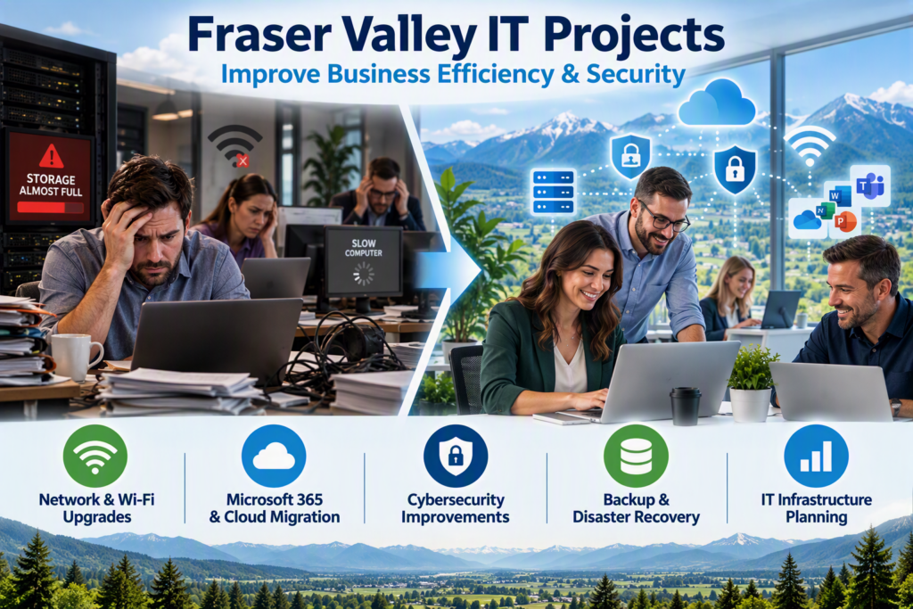 Fraser Valley IT Projects infographic showing the transition from outdated technology and security risks to modern cloud, cybersecurity, and IT infrastructure solutions.