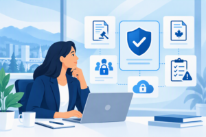 Illustrated business professional working on a laptop while reviewing privacy compliance and cybersecurity requirements.