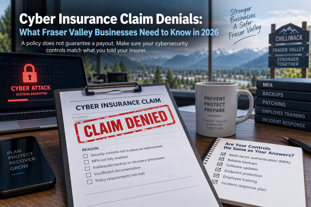 Cyber insurance claim denial concept showing a clipboard stamped “Claim Denied” beside a laptop displaying a cyberattack alert, with cybersecurity controls including MFA, backups, patching, employee training, and incident response highlighted in an office overlooking the Fraser Valley and Chilliwack region.