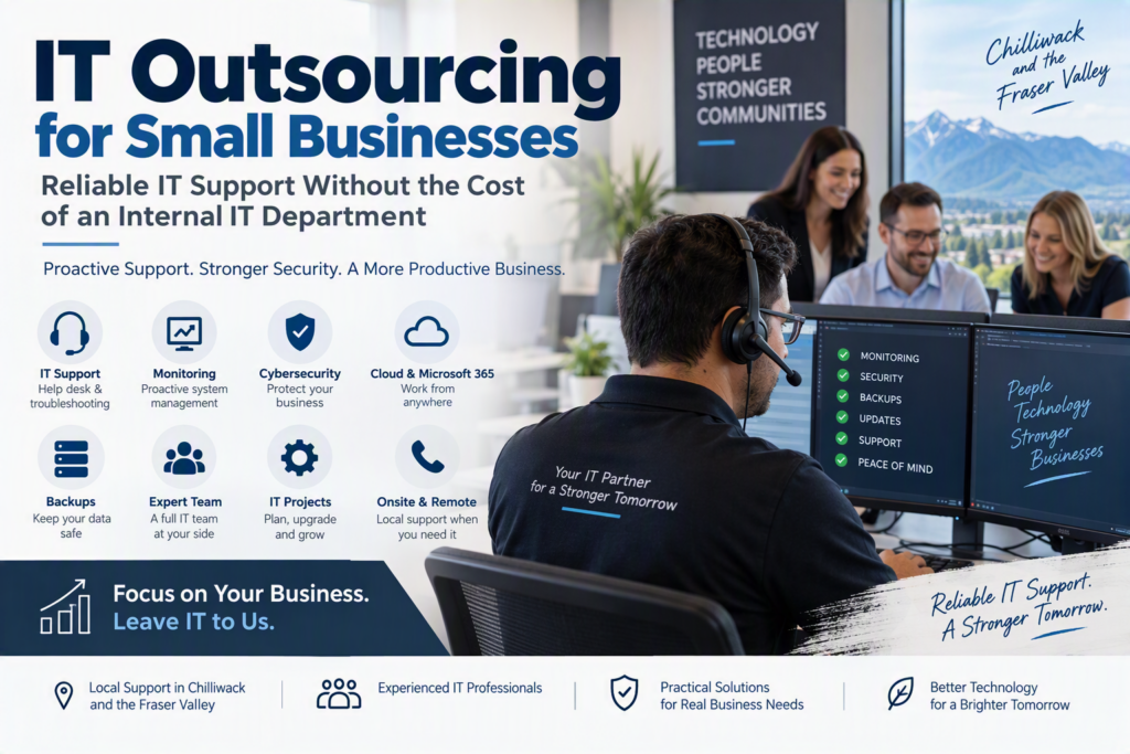 IT outsourcing services graphic showing an IT professional supporting a business team, highlighting managed IT, cybersecurity, cloud services, backups, monitoring, and local support for small businesses in Chilliwack and the Fraser Valley.