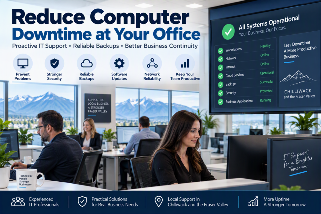 Modern office with employees working efficiently while IT monitoring dashboards display system health, cybersecurity, backups, and network performance, representing proactive strategies to reduce computer downtime and improve business continuity.