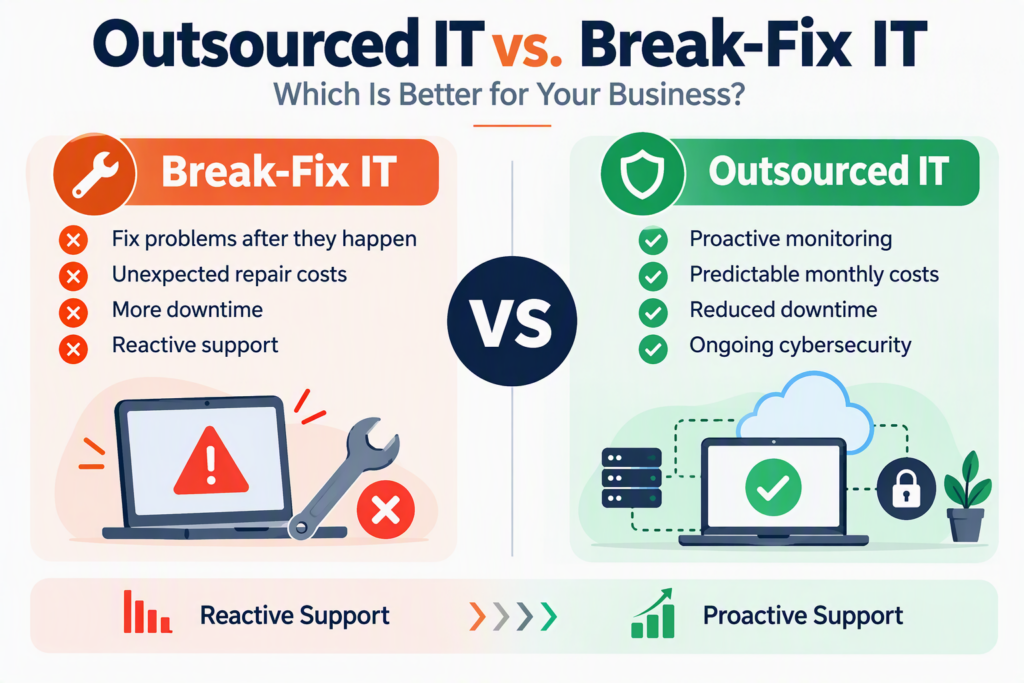 Comparison graphic titled "Outsourced IT vs. Break-Fix IT: Which Is Better for Your Business?" showing break-fix IT support with reactive repairs, downtime, and unexpected costs on one side, and outsourced IT support with proactive monitoring, cybersecurity, reduced downtime, and predictable monthly costs on the other