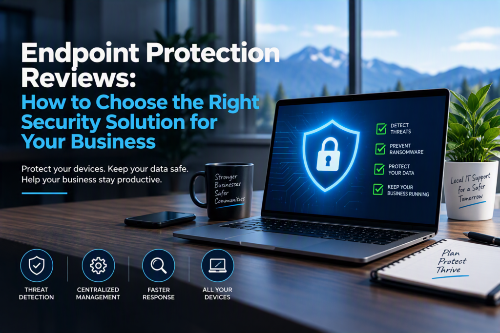 Modern cybersecurity-themed office workspace featuring a laptop displaying a digital shield and lock icon representing endpoint protection.