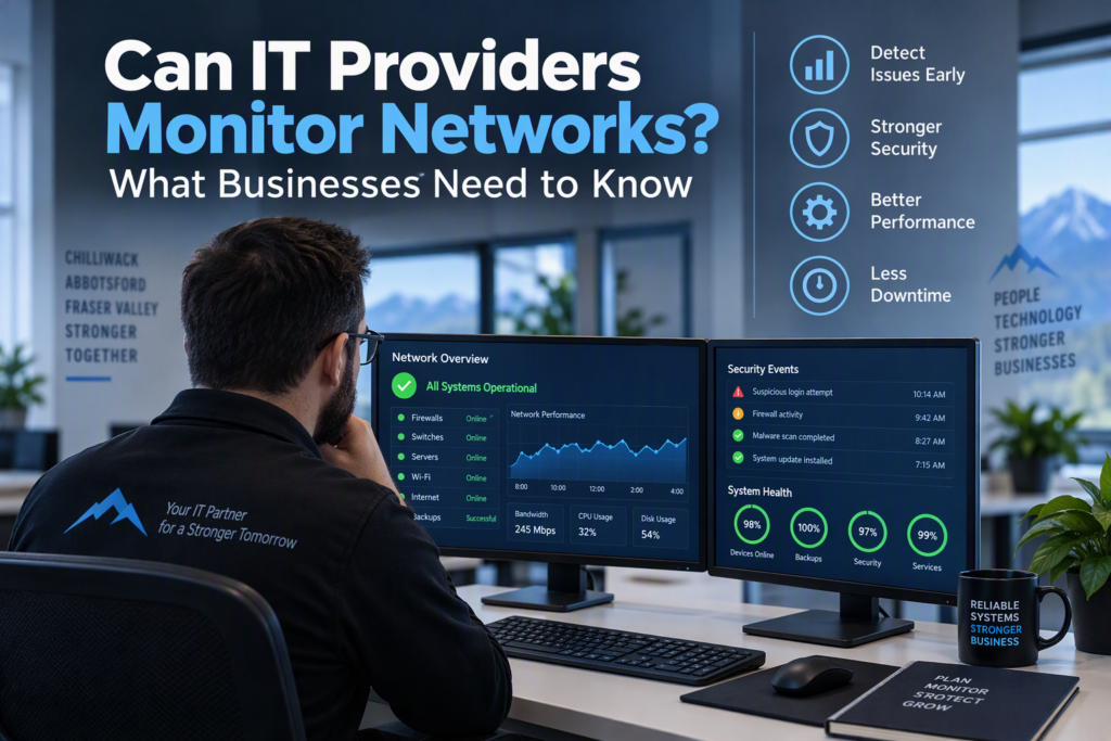 IT provider monitoring business network performance, security alerts, backups, and system health on dashboard screens.